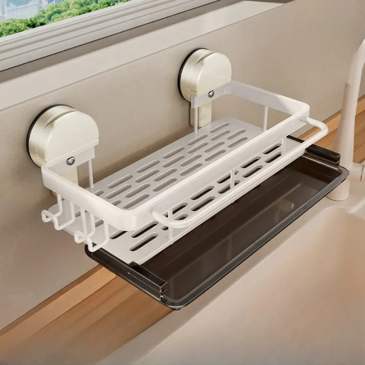 Kitchen Sink Caddy Aluminum 31 x 13 cm | Suction Cup Mount, No Drilling Needed | Gray/White, Drains Water, Rust-Free