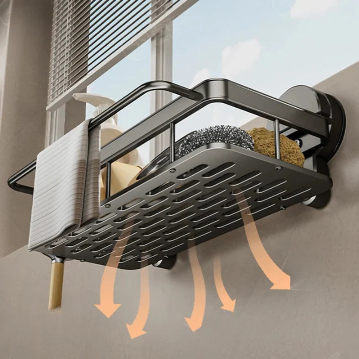 Kitchen Sink Caddy Aluminum 31 x 13 cm | Suction Cup Mount, No Drilling Needed | Gray/White, Drains Water, Rust-Free