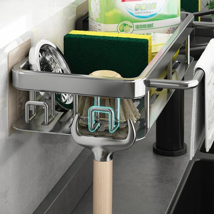 Kitchen Sink Caddy Aluminum 31 x 13 cm | Suction Cup Mount, No Drilling Needed | Gray/White, Drains Water, Rust-Free