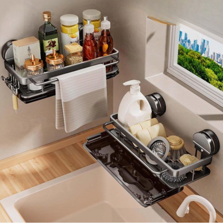 Kitchen Sink Caddy Aluminum 31 x 13 cm | Suction Cup Mount, No Drilling Needed | Gray/White, Drains Water, Rust-Free