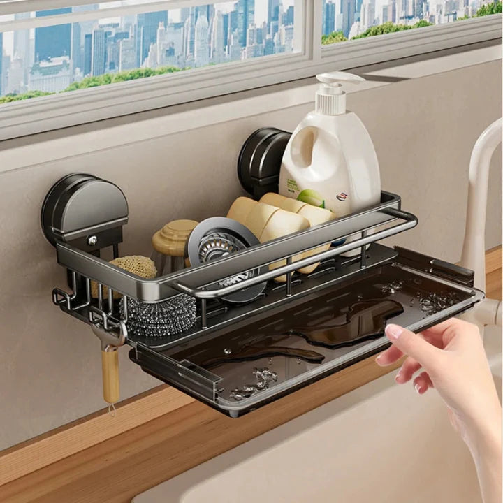 Kitchen Sink Caddy Aluminum 31 x 13 cm | Suction Cup Mount, No Drilling Needed | Gray/White, Drains Water, Rust-Free