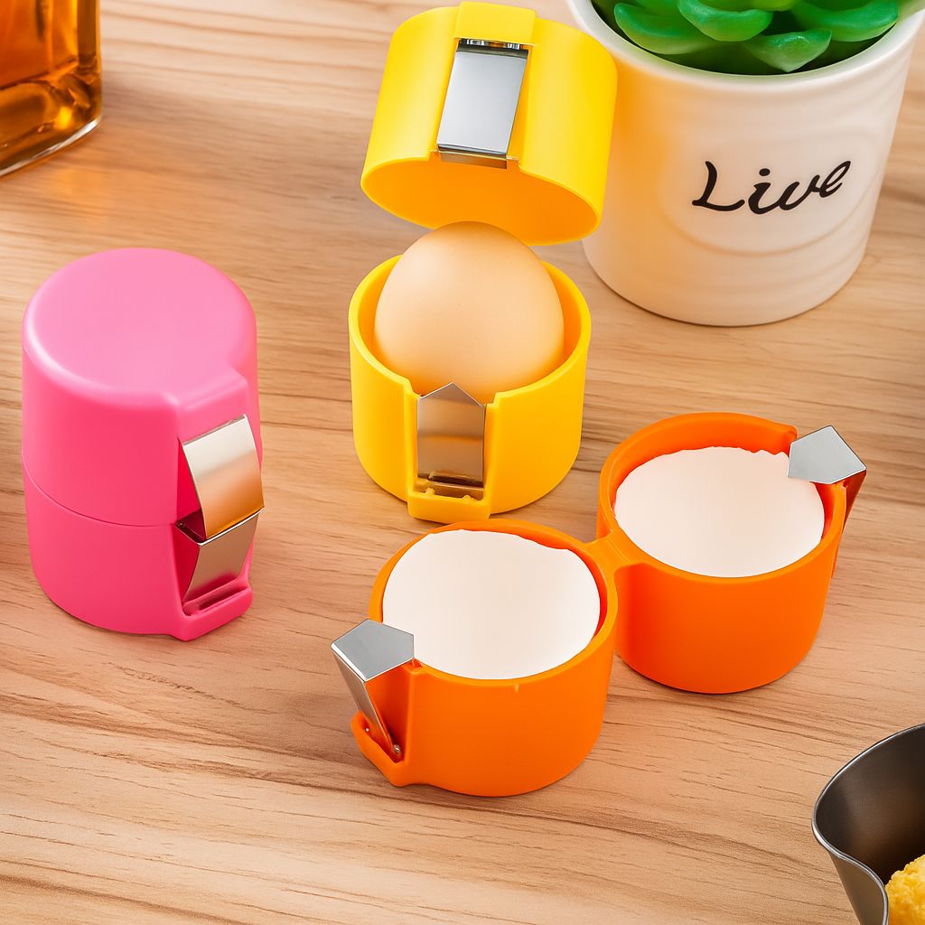Egg Opener with Stainless Steel Press &amp; Yolk Separator | Orange, Yellow, Pink | 6.5 x 7 cm, Food-Safe, Dishwasher-Safe 1