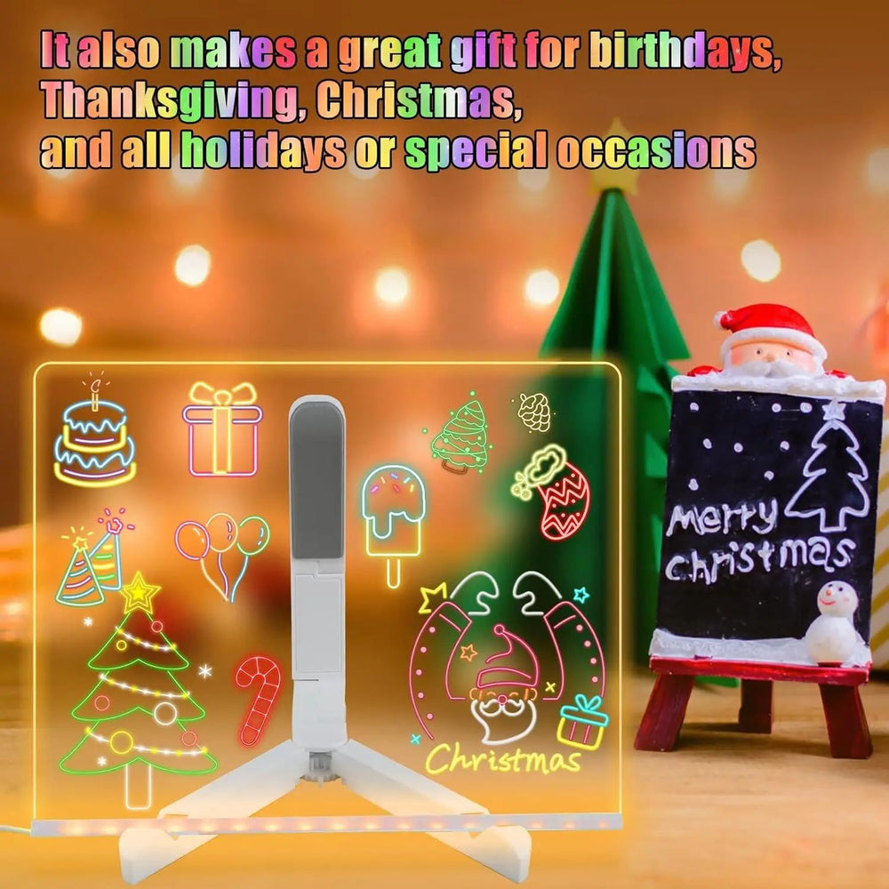 LED Acrylic Note Board | Built-In Night Light & 7 Colour Pens | Rewritable Drawing Board for Desk, Bedroom or Study