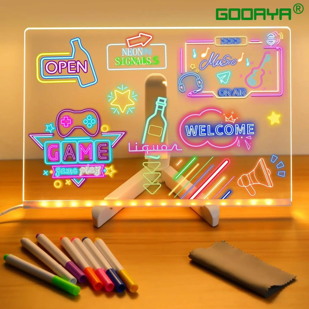 LED Acrylic Note Board | Built-In Night Light & 7 Colour Pens | Rewritable Drawing Board for Desk, Bedroom or Study