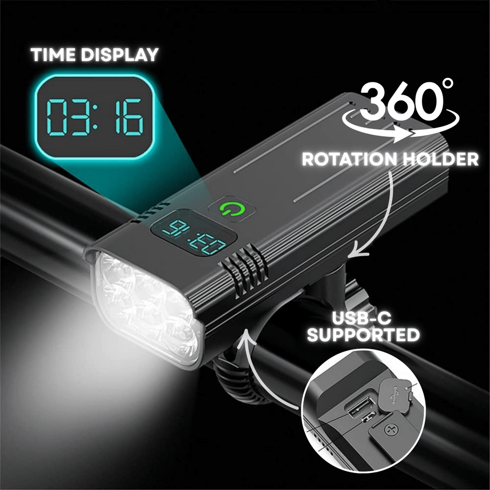 LED Bike Light 5000 Lumens | 12 LEDs USB-C Rechargeable Battery | 10,000mAh Capacity with Digital Display and Aluminium Housing