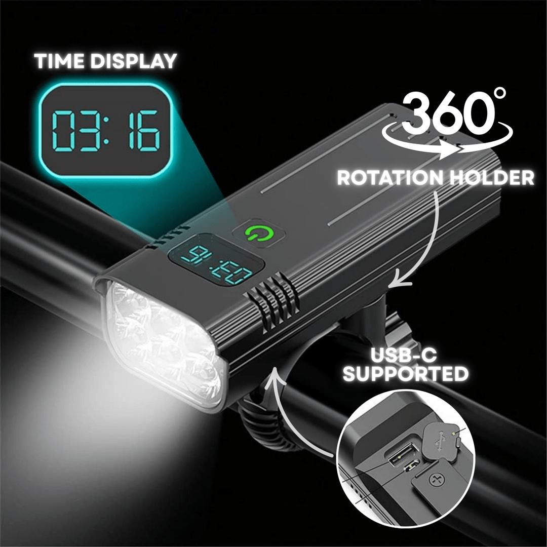 LED Bike Light 5000 Lumens | 12 LEDs USB-C Rechargeable Battery | 10,000mAh Capacity with Digital Display and Aluminium Housing