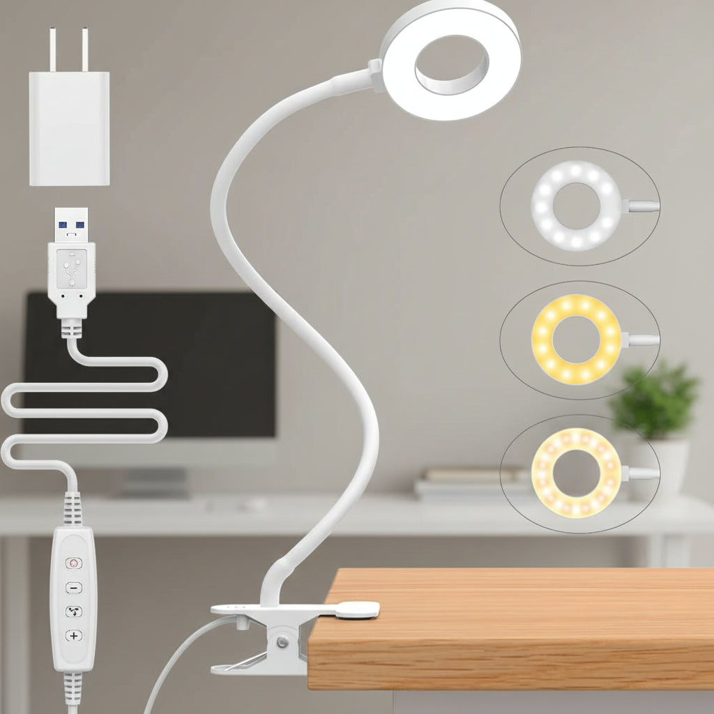LED Clip Desk Lamp Gooseneck Dimmable USB Reading Light