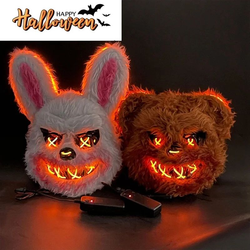 LED Glow Horror Mask Halloween Cosplay | Bloody Rabbit or Bear Style Options | Battery Powered Light Up Design