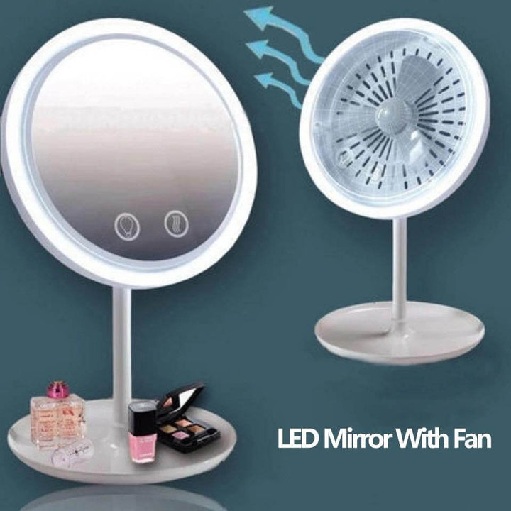 LED Light Makeup Mirror with Cooling Fan | 5X Magnifying Detachable Mirror, USB-Powered | Adjustable Tilt &amp; Suction Cup Base