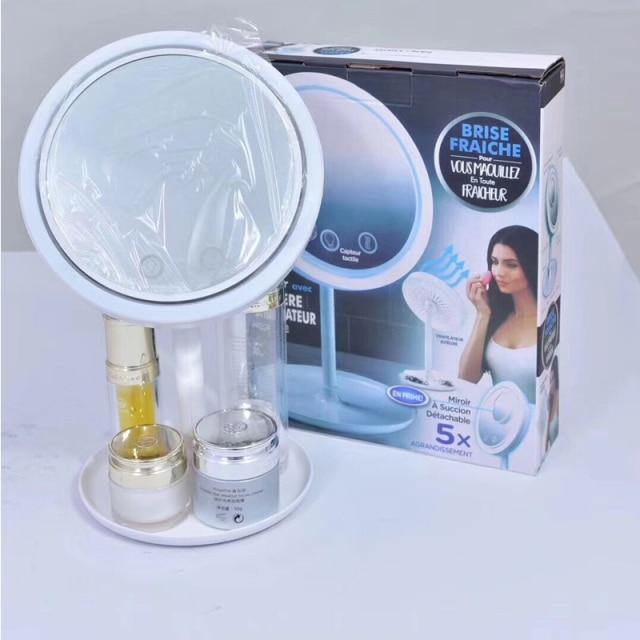 LED Light Makeup Mirror with Cooling Fan | 5X Magnifying Detachable Mirror, USB-Powered | Adjustable Tilt &amp; Suction Cup Base