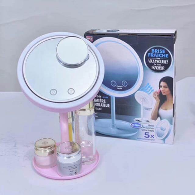 LED Light Makeup Mirror with Cooling Fan | 5X Magnifying Detachable Mirror, USB-Powered | Adjustable Tilt &amp; Suction Cup Base