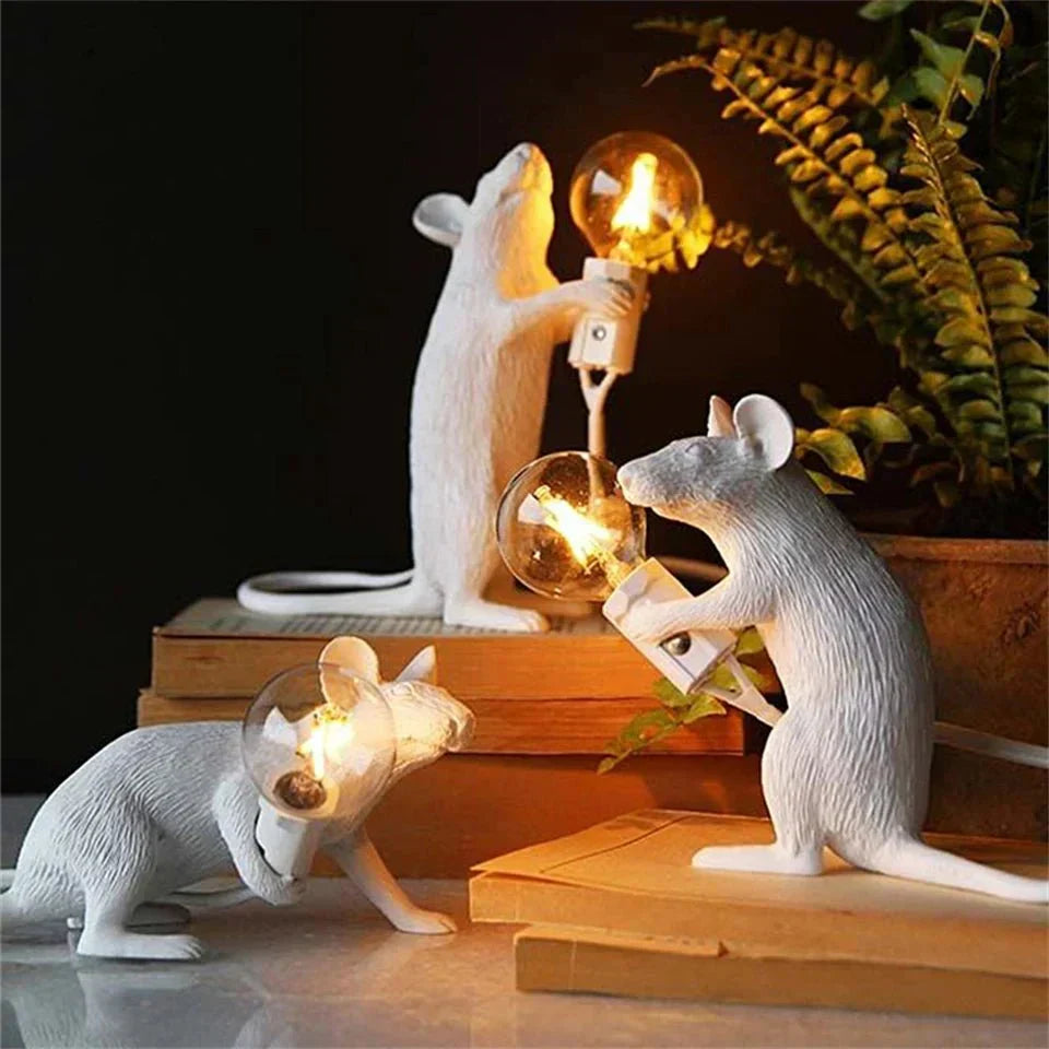 LED Mouse Figurine Table Lamp, 14.5 x 13.3 x 6 cm | Gold, White or Black, Standing, Sitting or Lying | Push-Button Ambient Glow