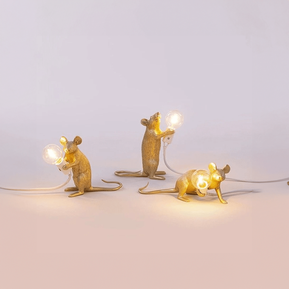 LED Mouse Figurine Table Lamp, 14.5 x 13.3 x 6 cm | Gold, White or Black, Standing, Sitting or Lying | Push-Button Ambient Glow