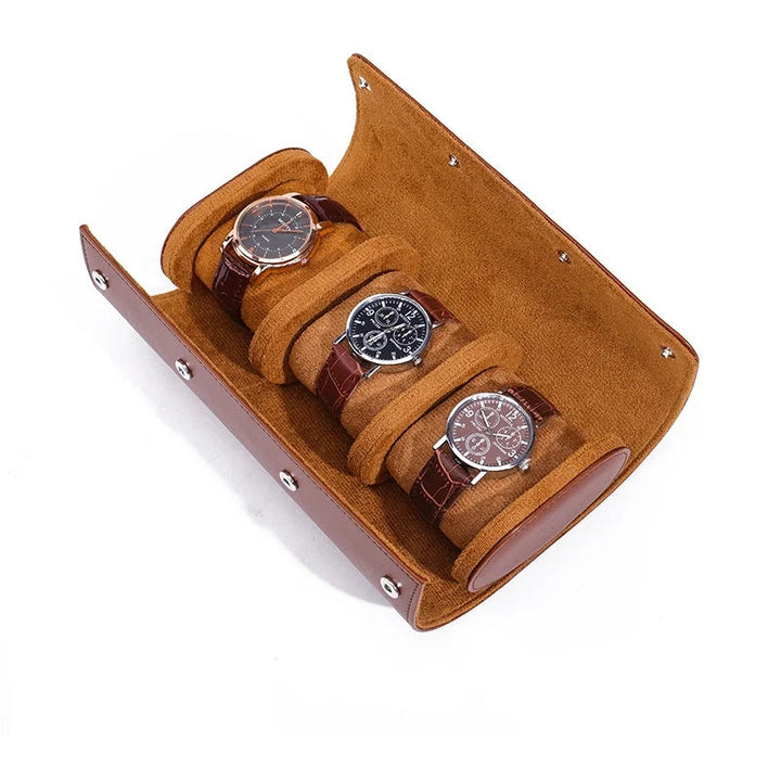 Leather Watch Roll | 3 Slots | Cushioned Interior | Travel Organizer | Brown, Black