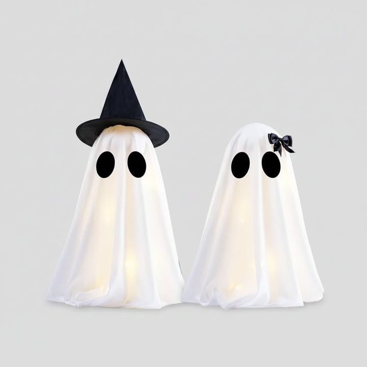 Light-Up Ghost Decorations Halloween Tabletop Set | Warm White LED Lights, Set of Two | Semi-Sheer Fabric, Self-Standing Design