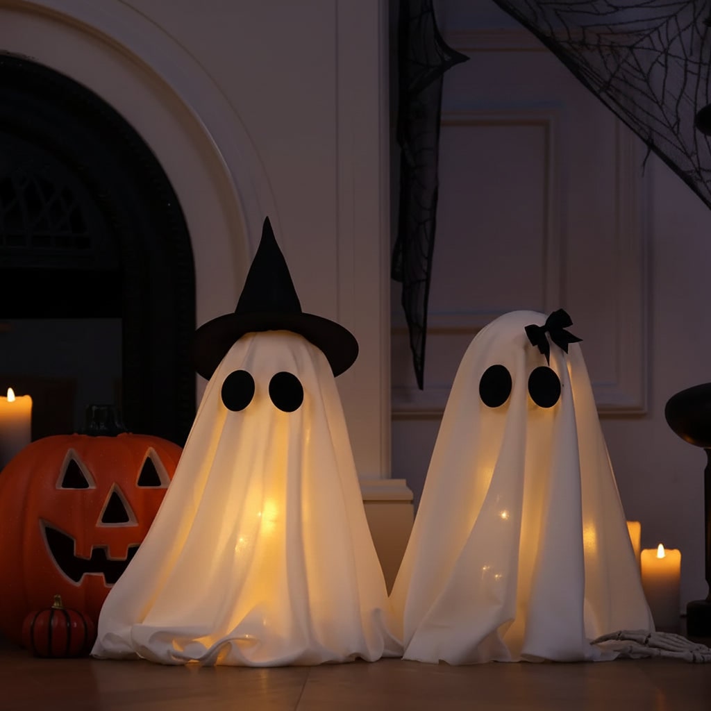 Light-Up Ghost Decorations Halloween Tabletop Set | Warm White LED Lights, Set of Two | Semi-Sheer Fabric, Self-Standing Design