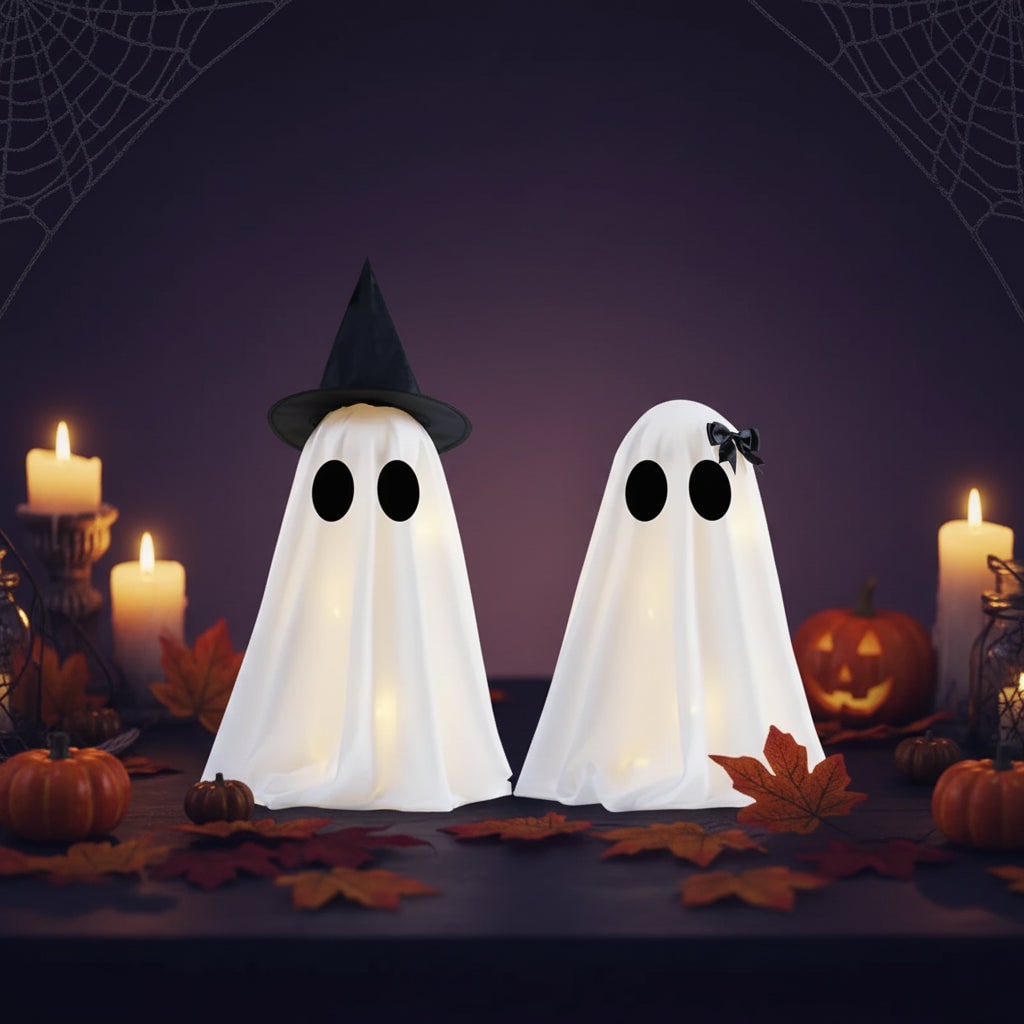 Light-Up Ghost Decorations Halloween Tabletop Set | Warm White LED Lights, Set of Two | Semi-Sheer Fabric, Self-Standing Design