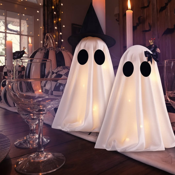 Light-Up Ghost Decorations Halloween Tabletop Set | Warm White LED Lights, Set of Two | Semi-Sheer Fabric, Self-Standing Design