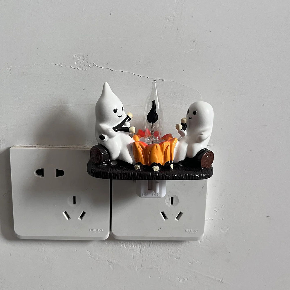 Light-Up Ghost Figurine Halloween Decor | Warm LED Flicker Fire Effect | Battery-Operated Resin Design for Indoor Display