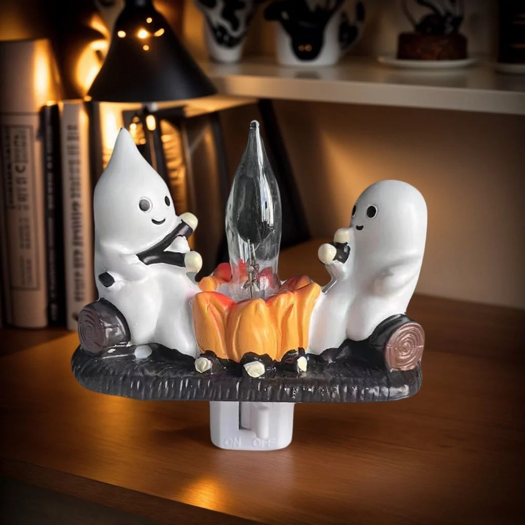 Light-Up Ghost Figurine Halloween Decor | Warm LED Flicker Fire Effect | Battery-Operated Resin Design for Indoor Display