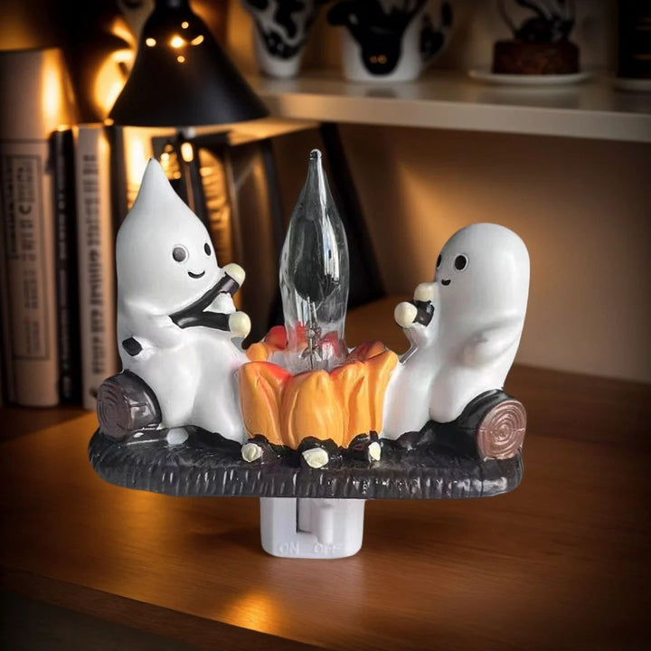 Light-Up Ghost Figurine Halloween Decor | Warm LED Flicker Fire Effect | Battery-Operated Resin Design for Indoor Display