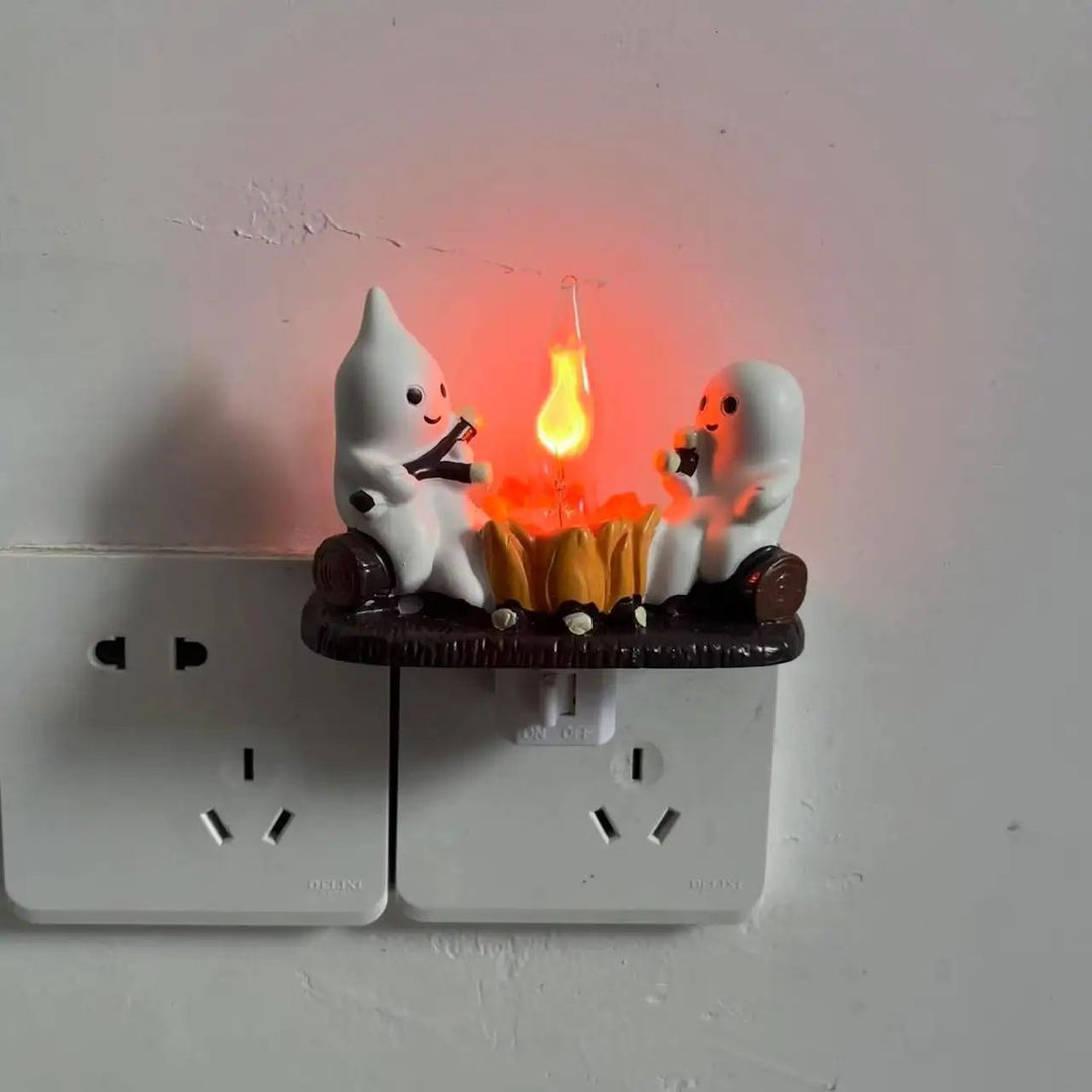 Light-Up Ghost Figurine Halloween Decor | Warm LED Flicker Fire Effect | Battery-Operated Resin Design for Indoor Display