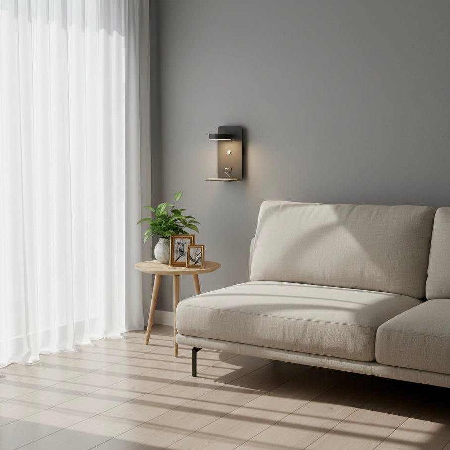 LumiShelf modern minimalist wall lamp with built-in shelf and USB charging port