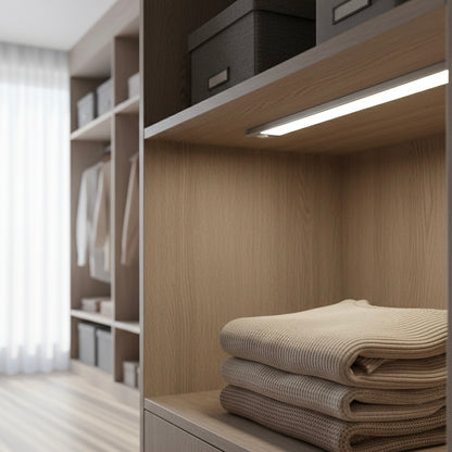 Luminara smart motion-activated LED under cabinet strip light with USB rechargeable battery for closets, kitchens, and shelves