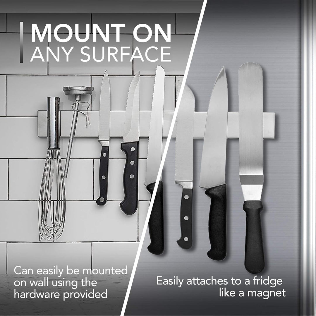 Magnetic Knife and Tools Holder Stainless Steel | 14 Inch Fully Magnetic Bar | Wall or Fridge Mount, No Drilling Needed