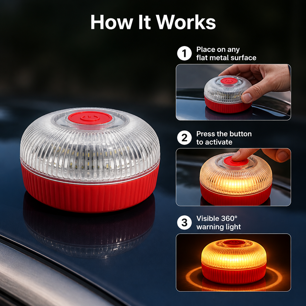 Magnetic Strobe Light | Orange Strobe &amp; Steady White Modes | Replaceable 9V Battery, Instant Magnetic Mount for Vehicles