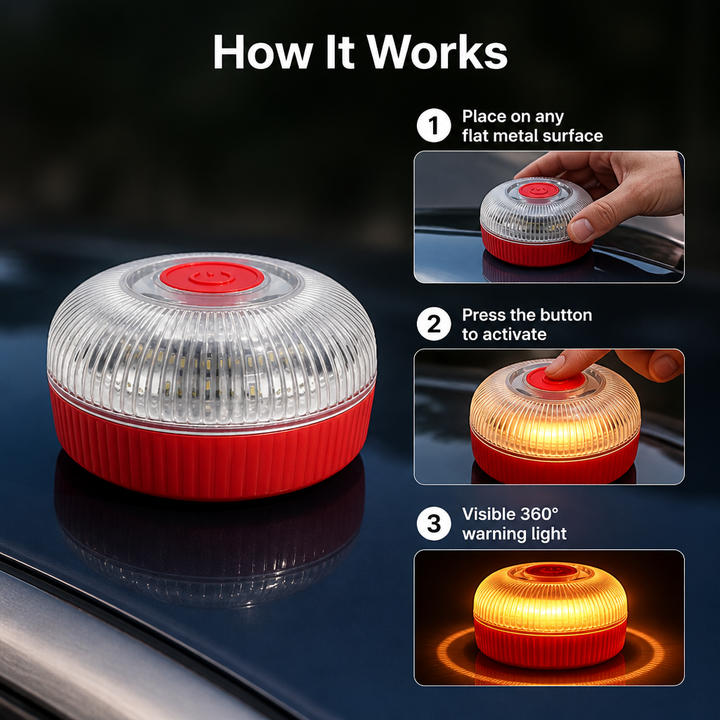 Magnetic Strobe Light | Orange Strobe &amp; Steady White Modes | Replaceable 9V Battery, Instant Magnetic Mount for Vehicles