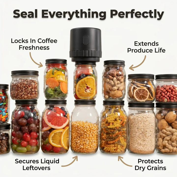 Mason Jar Vacuum Sealer | Cordless One-Touch Sealing | Fits Wide &amp; Regular Mouth Jars for Long-Lasting Pantry Freshness