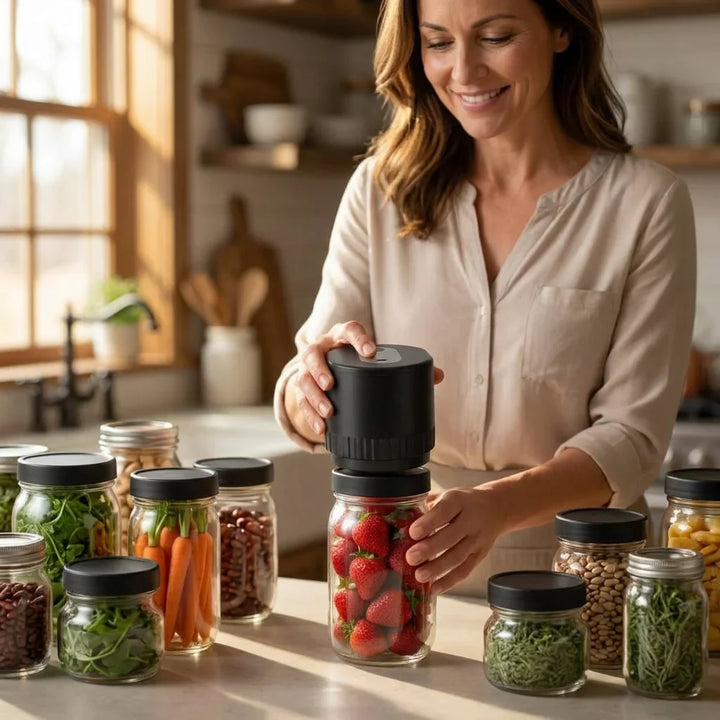 Mason Jar Vacuum Sealer | Cordless One-Touch Sealing | Fits Wide &amp; Regular Mouth Jars for Long-Lasting Pantry Freshness