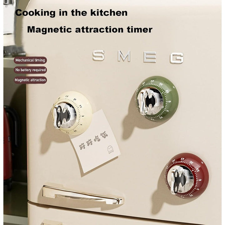 Mechanical Kitchen Timer Stainless Steel | Magnetic Base, Cream/Green/Red | No Batteries Needed, 55-Minute Wind-Up Countdown