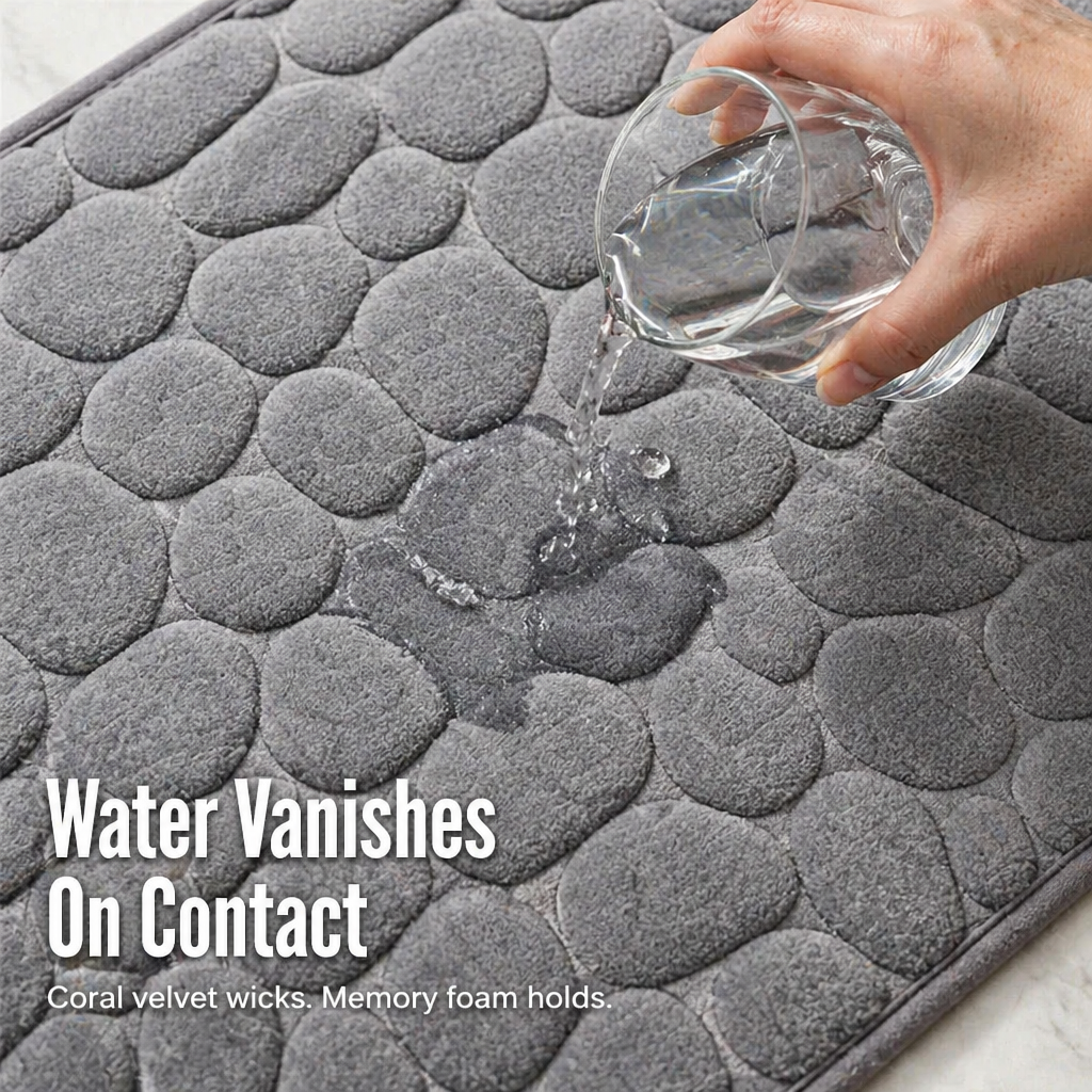 Memory Foam Bath Mat with Cobblestone Textured Coral Velvet | Non-Slip Grip Backing | Quick-Drying Cushioned Comfort