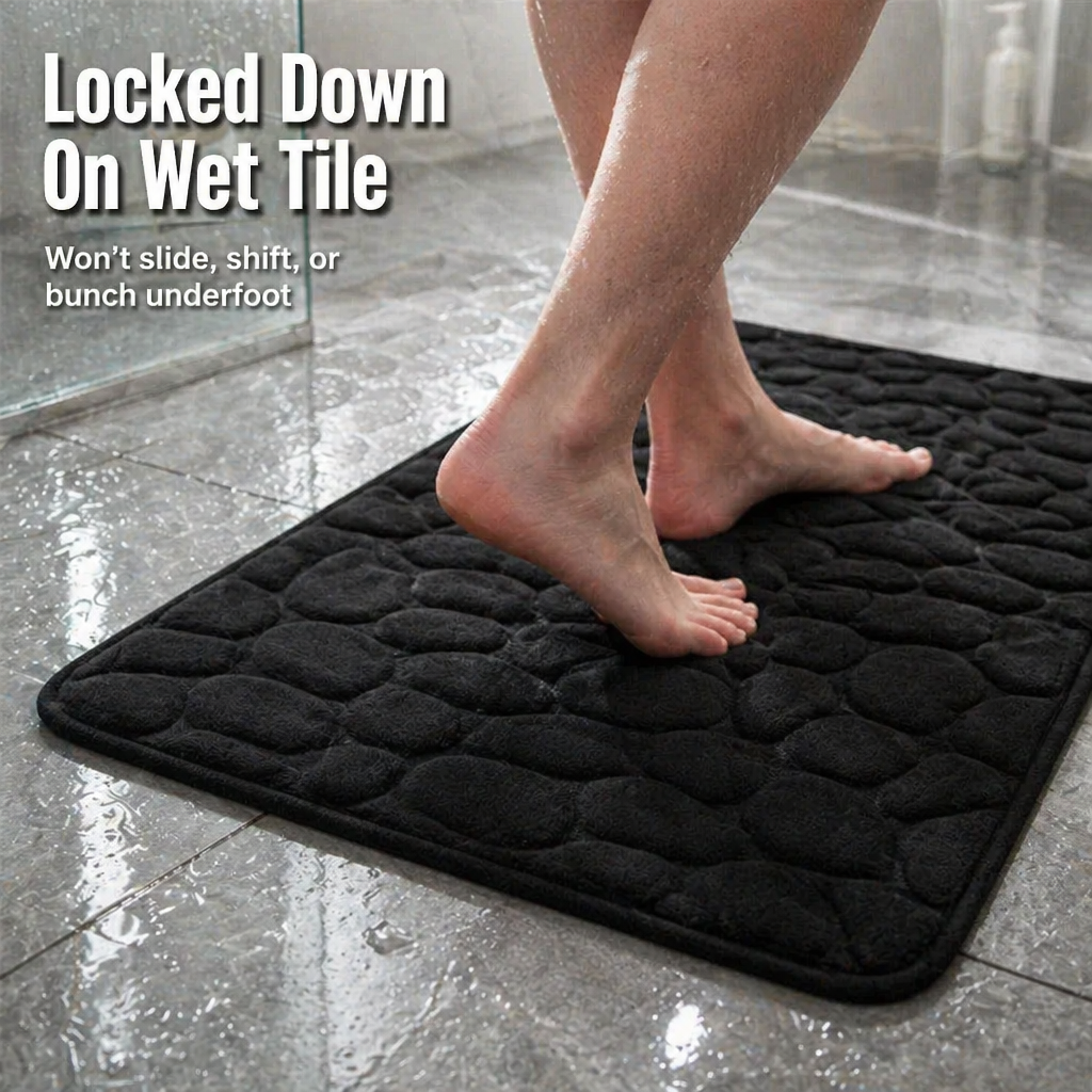 Memory Foam Bath Mat with Cobblestone Textured Coral Velvet | Non-Slip Grip Backing | Quick-Drying Cushioned Comfort