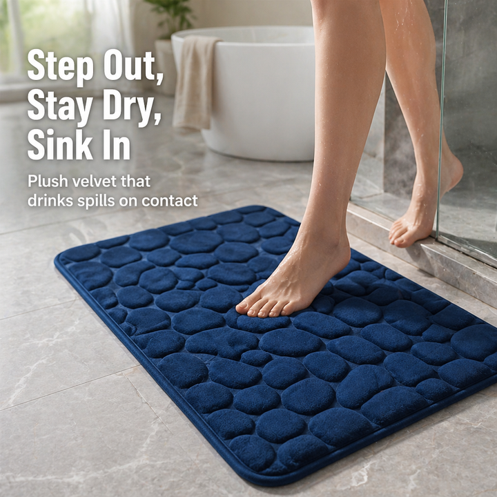 Memory Foam Bath Mat with Cobblestone Textured Coral Velvet | Non-Slip Grip Backing | Quick-Drying Cushioned Comfort