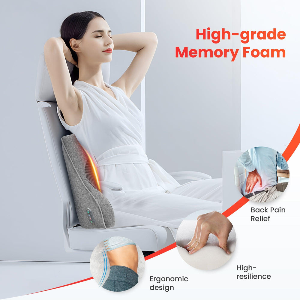 Memory Foam Lumbar Support Pillow | 4-Node Shiatsu Massage | 2-Level Heat | 15–60 Min Timer