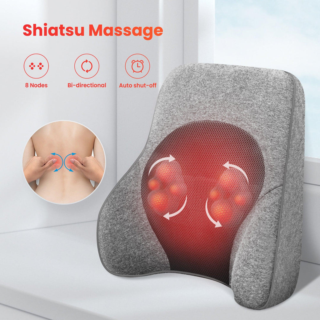 Memory Foam Lumbar Support Pillow | 4-Node Shiatsu Massage | 2-Level Heat | 15–60 Min Timer