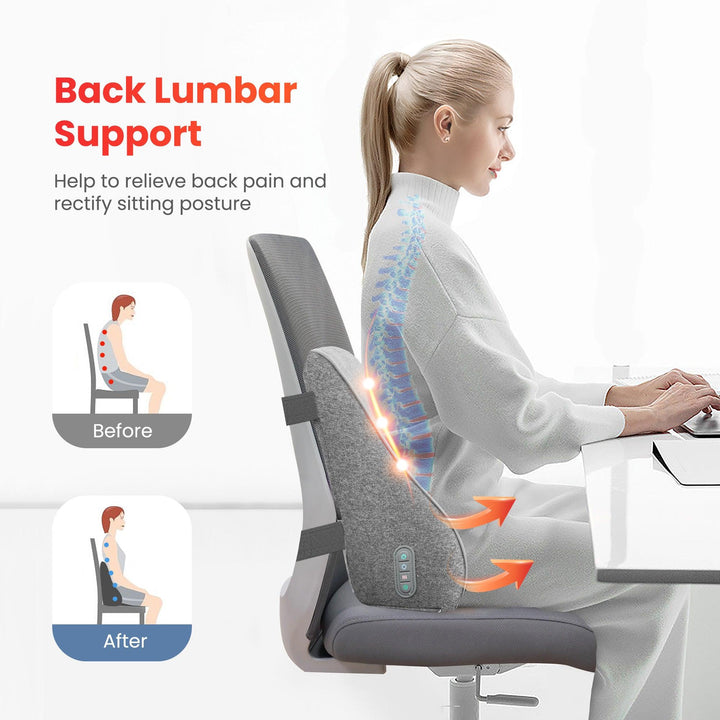Memory Foam Lumbar Support Pillow | 4-Node Shiatsu Massage | 2-Level Heat | 15–60 Min Timer