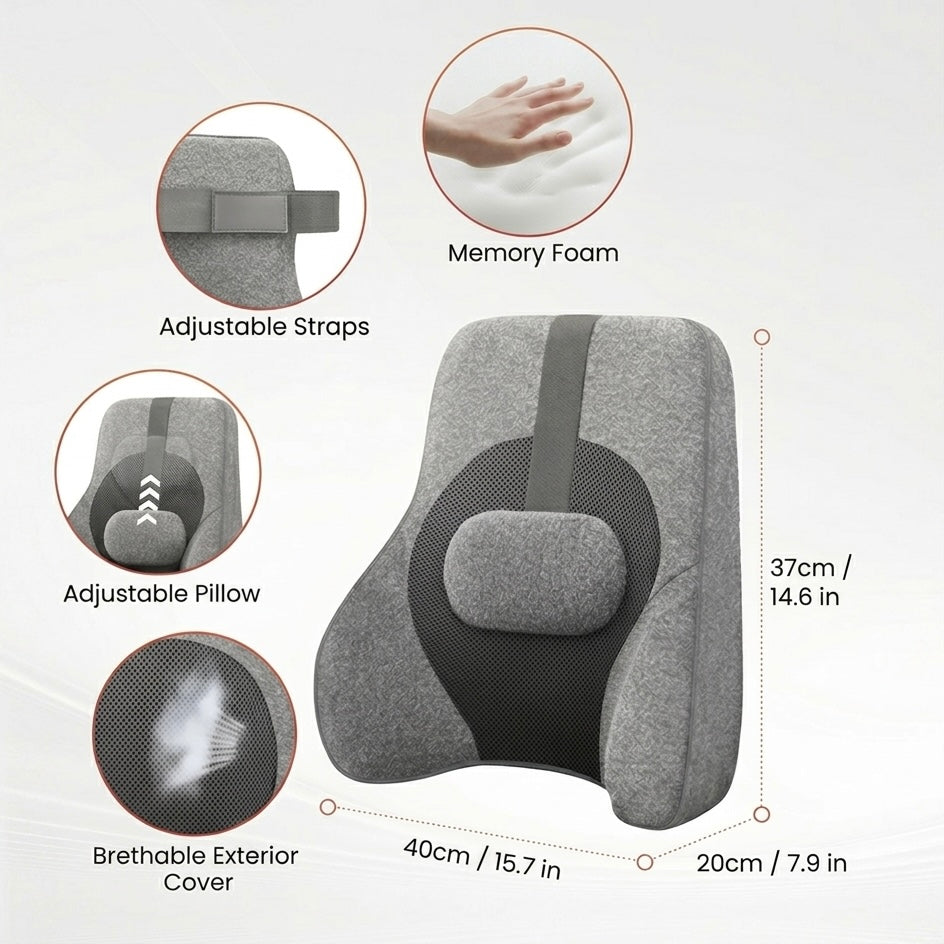 Memory Foam Lumbar Support Pillow | 4-Node Shiatsu Massage | 2-Level Heat | 15–60 Min Timer