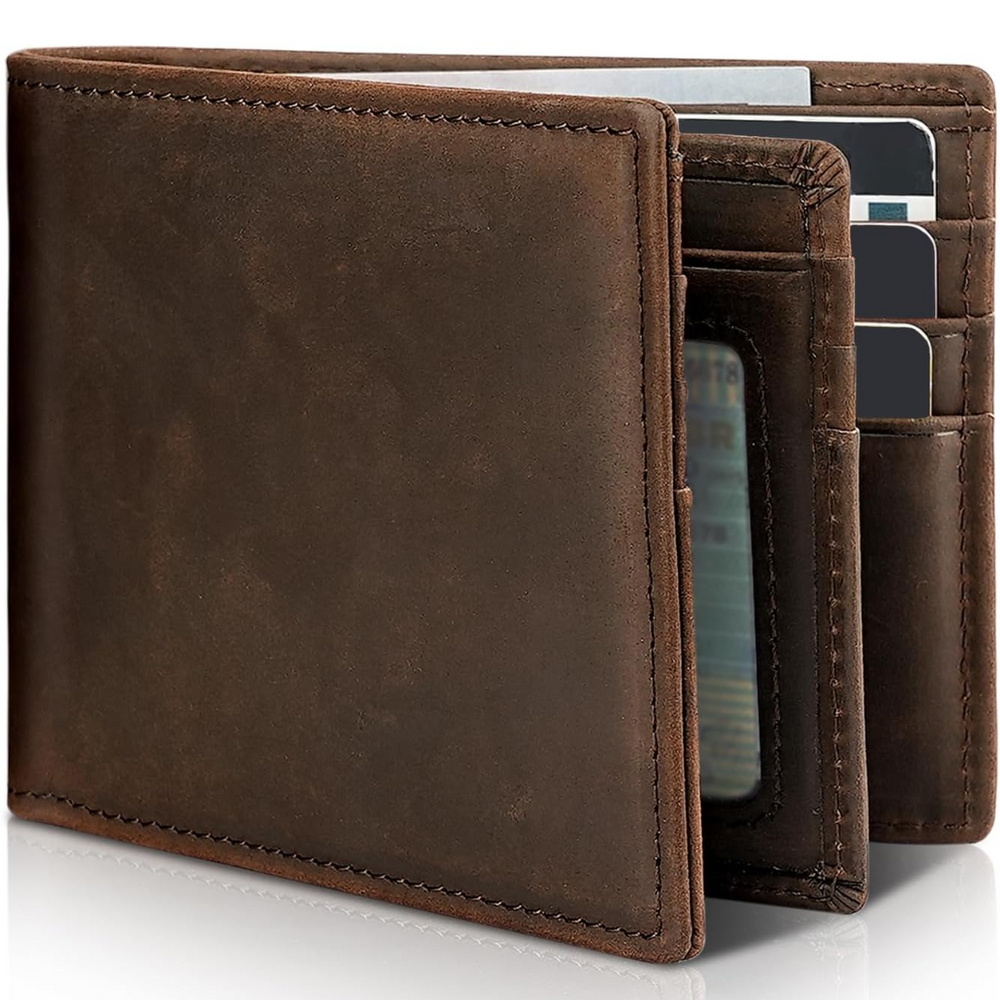 Men's Genuine Leather Bifold Wallet | RFID Blocking | 13 Card Slots | ID Window | Slim