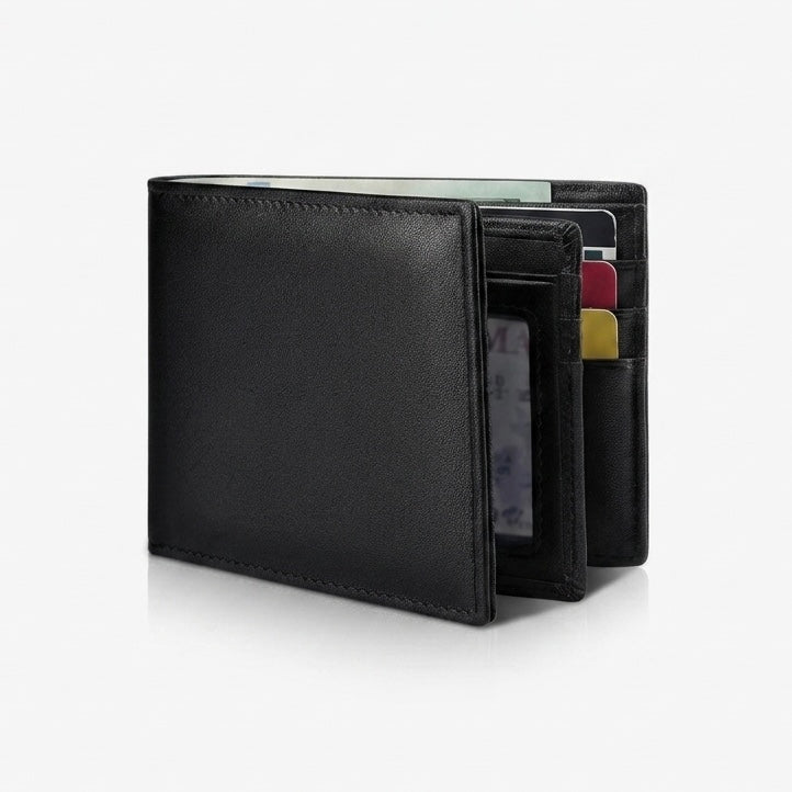 Men's Genuine Leather Bifold Wallet | RFID Blocking | 13 Card Slots | ID Window | Slim