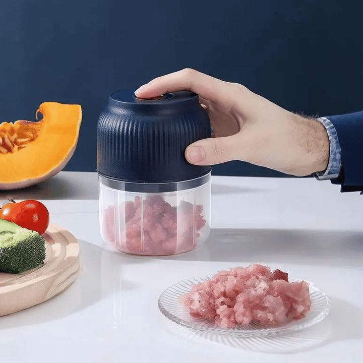 Mini Electric Chopper 300 ml, 4 Stainless Steel Blades | Blue/White | USB Rechargeable, One-Button Control, Dishwasher-Safe