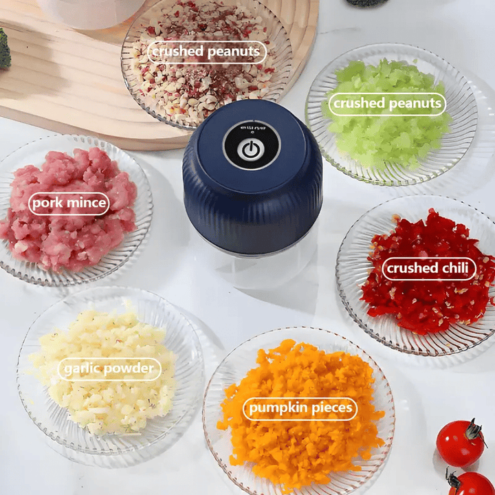Mini Electric Chopper 300 ml, 4 Stainless Steel Blades | Blue/White | USB Rechargeable, One-Button Control, Dishwasher-Safe
