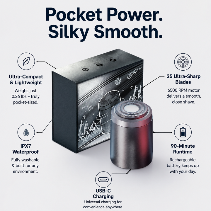Mini Shaver for Men | 25-Blade Head, 6500 RPM, IPX7 Waterproof | 90-Minute Battery, USB-C Fast Charging, Aluminium Alloy Body