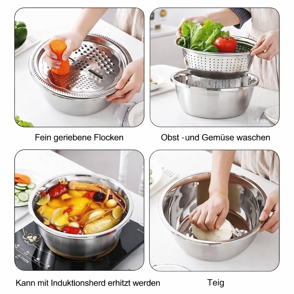 Mixing Bowl Set Stainless Steel 3-Piece | Grater and Sieve Included | Compact Stacking Design for Kitchen Storage