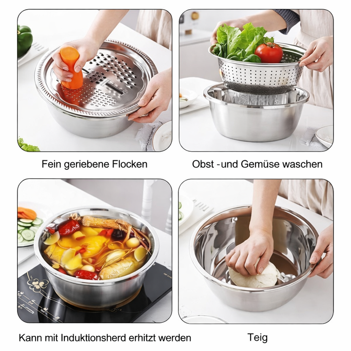 Mixing Bowl Set Stainless Steel 3-Piece | Grater and Sieve Included | Compact Stacking Design for Kitchen Storage