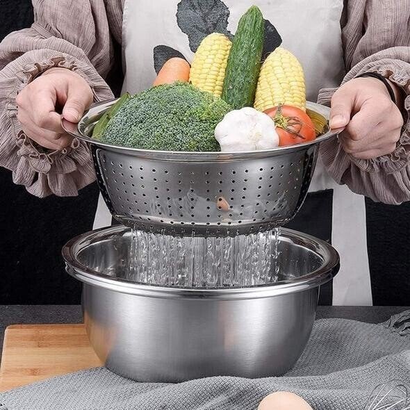 Mixing Bowl Set Stainless Steel 3-Piece | Grater and Sieve Included | Compact Stacking Design for Kitchen Storage