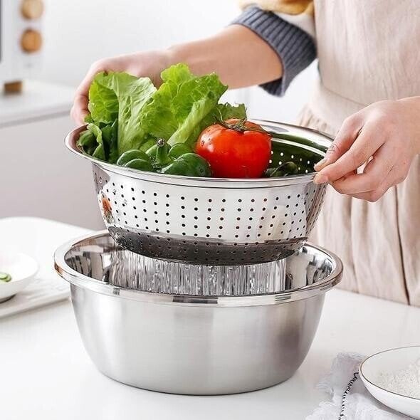 Mixing Bowl Set Stainless Steel 3-Piece | Grater and Sieve Included | Compact Stacking Design for Kitchen Storage